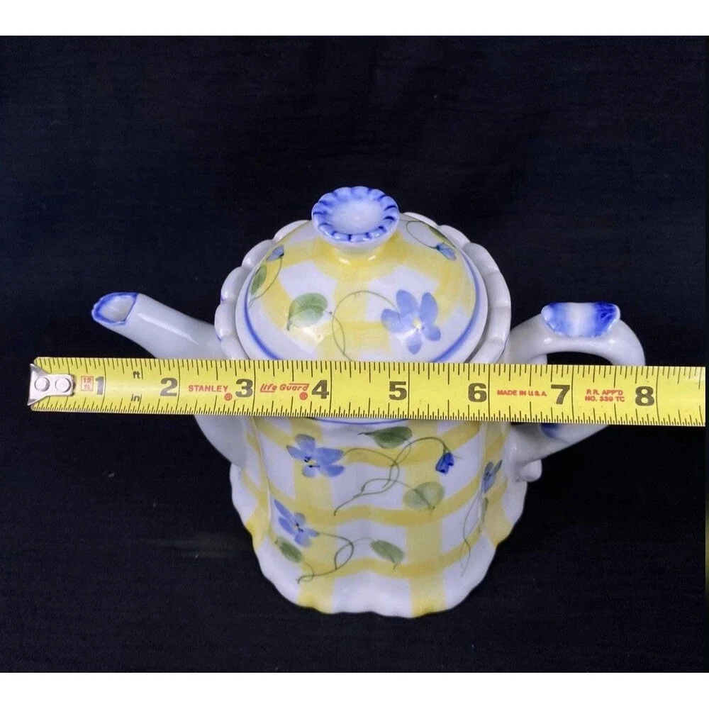 Vintage Andrea by Sadek Teapot Yellow Plaid Check Blue Violets Flowers 7